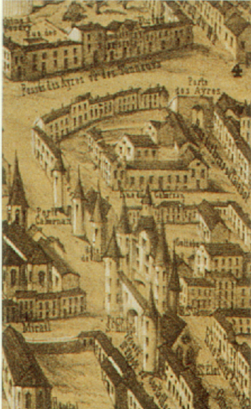 Au premier plan : , dans l'enceinte du XIII�me si�cle, l'�glise Saint Eloi, la Grosse Cloche et l'h�tel de ville si�ge du maire et des Jurats. D�tail du plan par Chaumas, 1550. Coll. part.